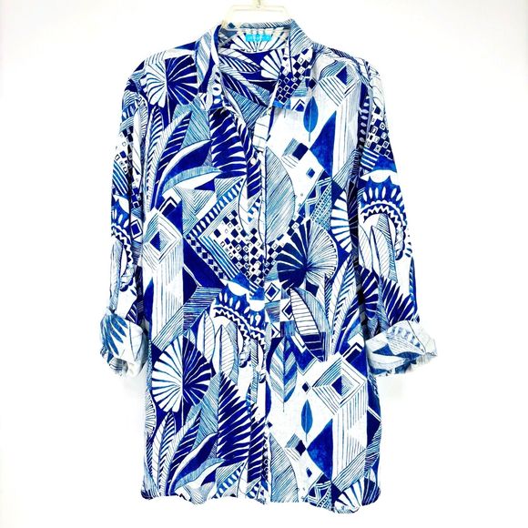 J. MCLAUGHLIN Women’s XL Blue Linen LS Button-Up Top Blouse Tropical Palm Floral - Picture 1 of 14